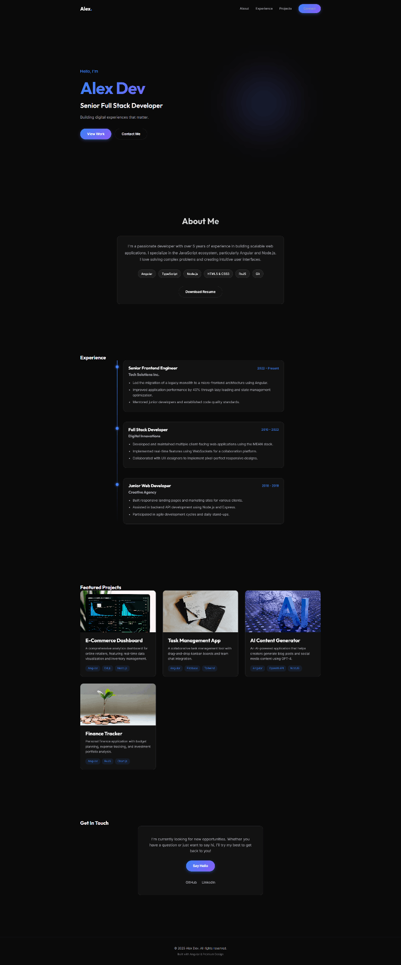 موقع بورتفوليو تفاعلي مبني باستخدام Angular بتصميم احترافي