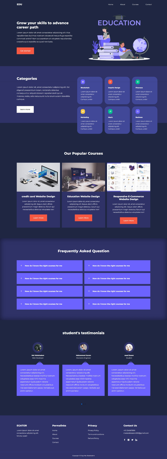 تصميم وتطوير صفحة موقع تعليمي احترافية متجاوبة بـ HTML وCSS وJavaScript