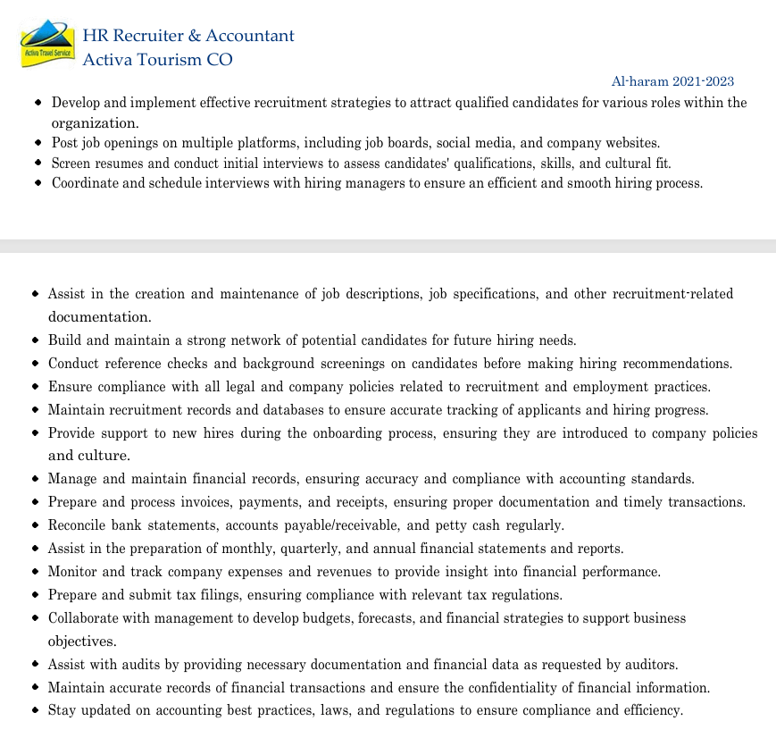 HR Recruiter & Accountant  Activa Tourism CO