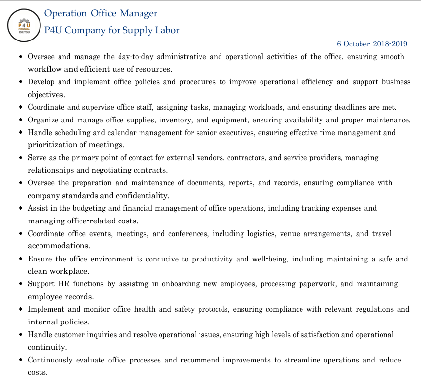 Operation Office Manager  P4U Company for Supply Labor