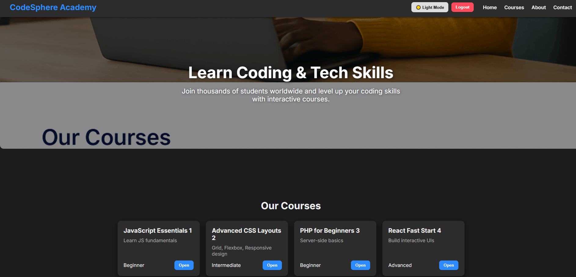 CodeSphere Academy – منصة تعليمية تفاعلية لتعلم مهارات البرمجة والتطوير.