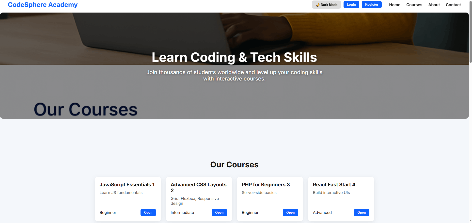 CodeSphere Academy – منصة تعليمية تفاعلية لتعلم مهارات البرمجة والتطوير.