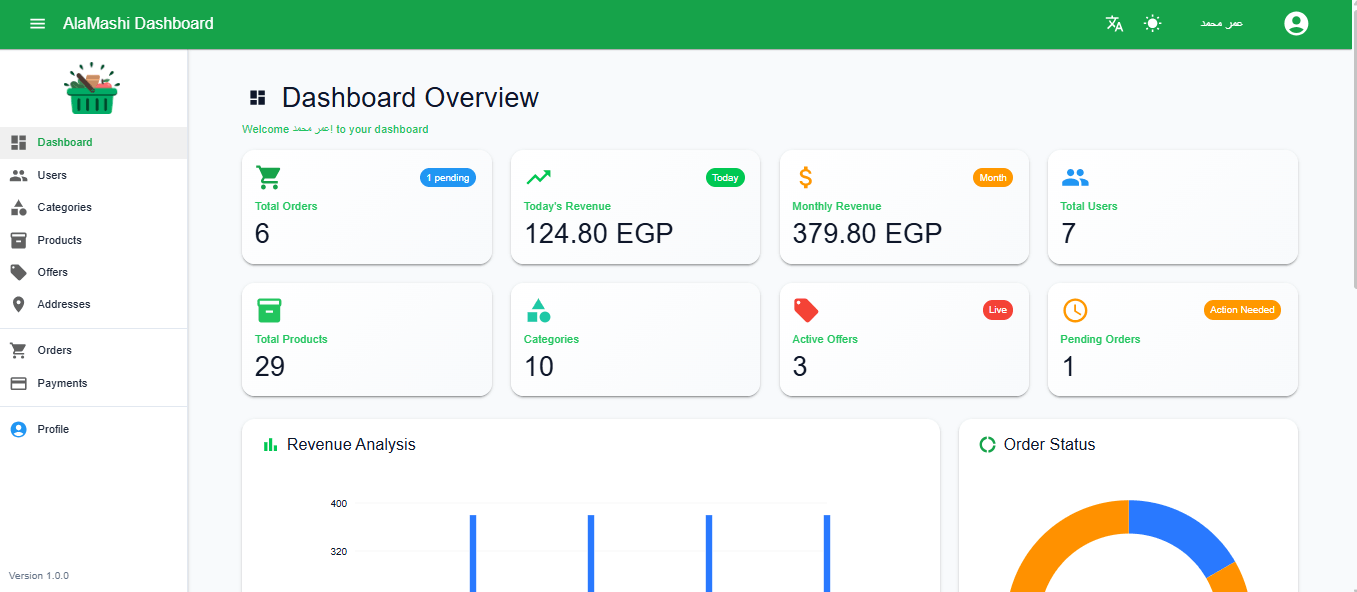 لوحة تحكم احترافية لإدارة متجر إلكتروني (AlaMashi Dashboard)