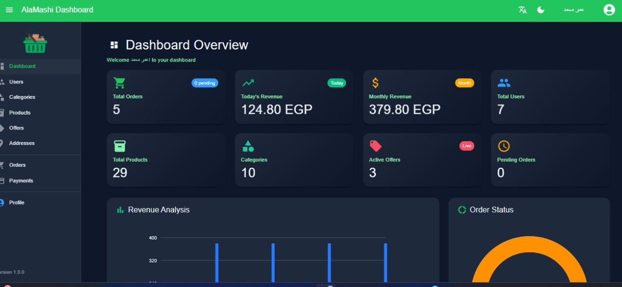 لوحة تحكم احترافية لإدارة متجر إلكتروني (AlaMashi Dashboard)