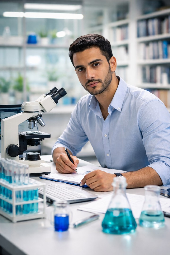 باحث علمي يدرس تجارب مبتكرة في مختبر حديث ومتقدم"